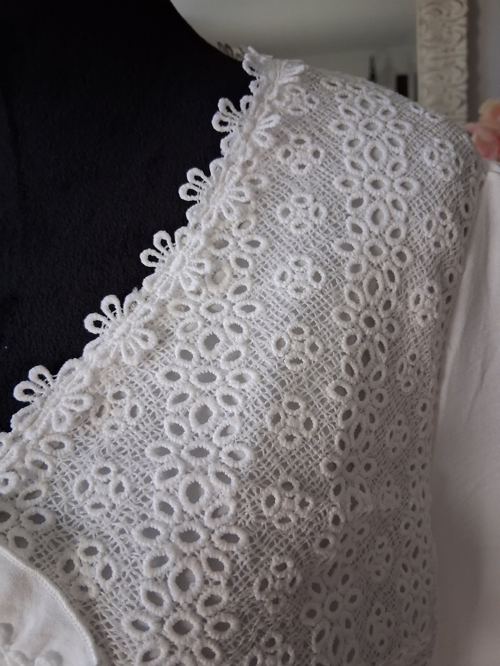 White Lace Yoke Boho Peasant Top - Picture 9 of 13